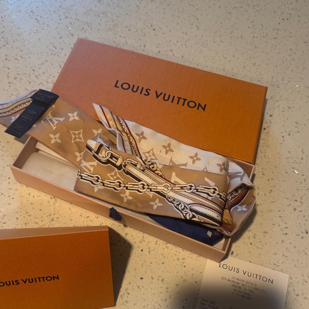 Louis Vuitton Beige and Navy Silk Scarf